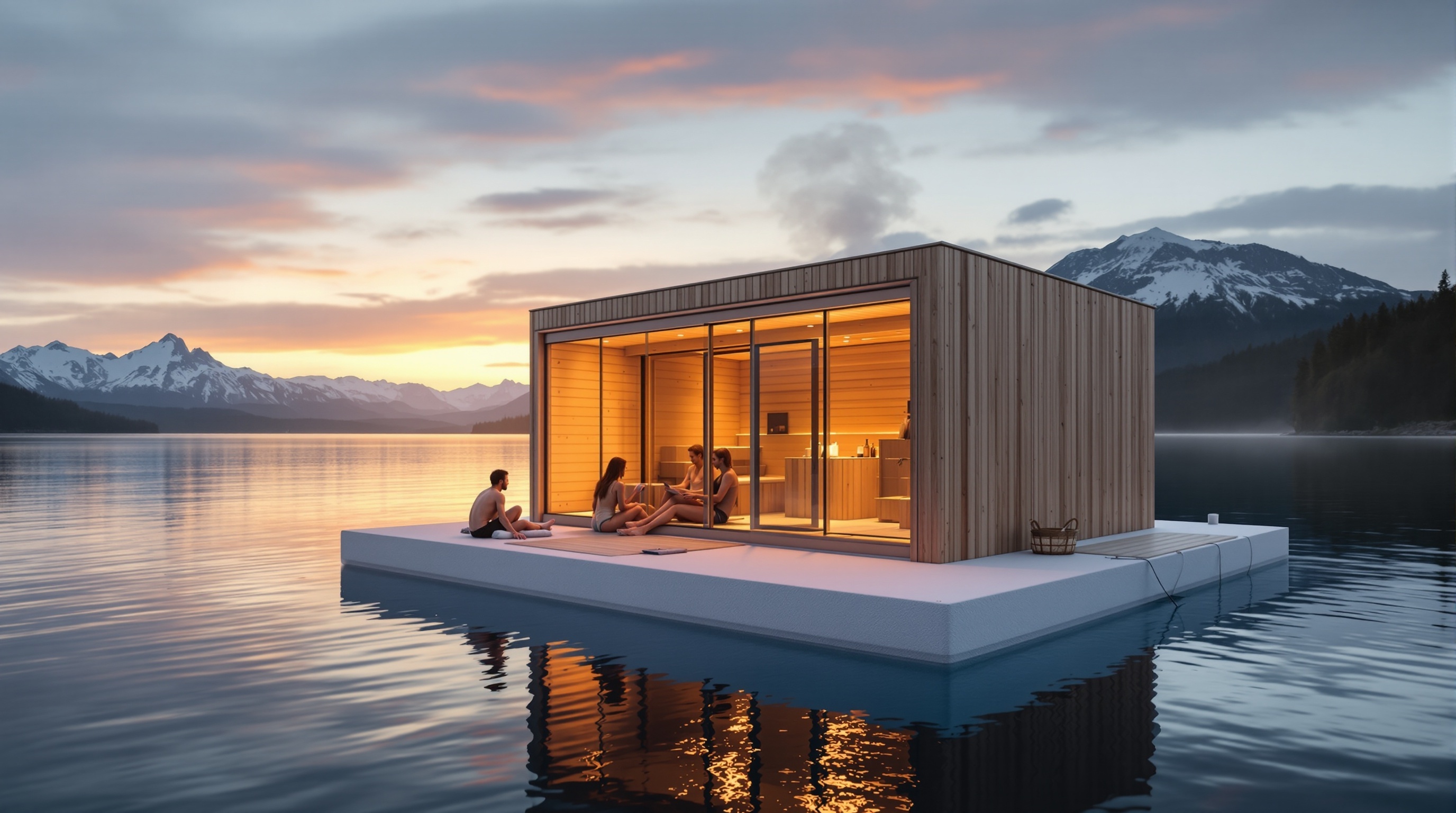 Floating home on lake with mountains